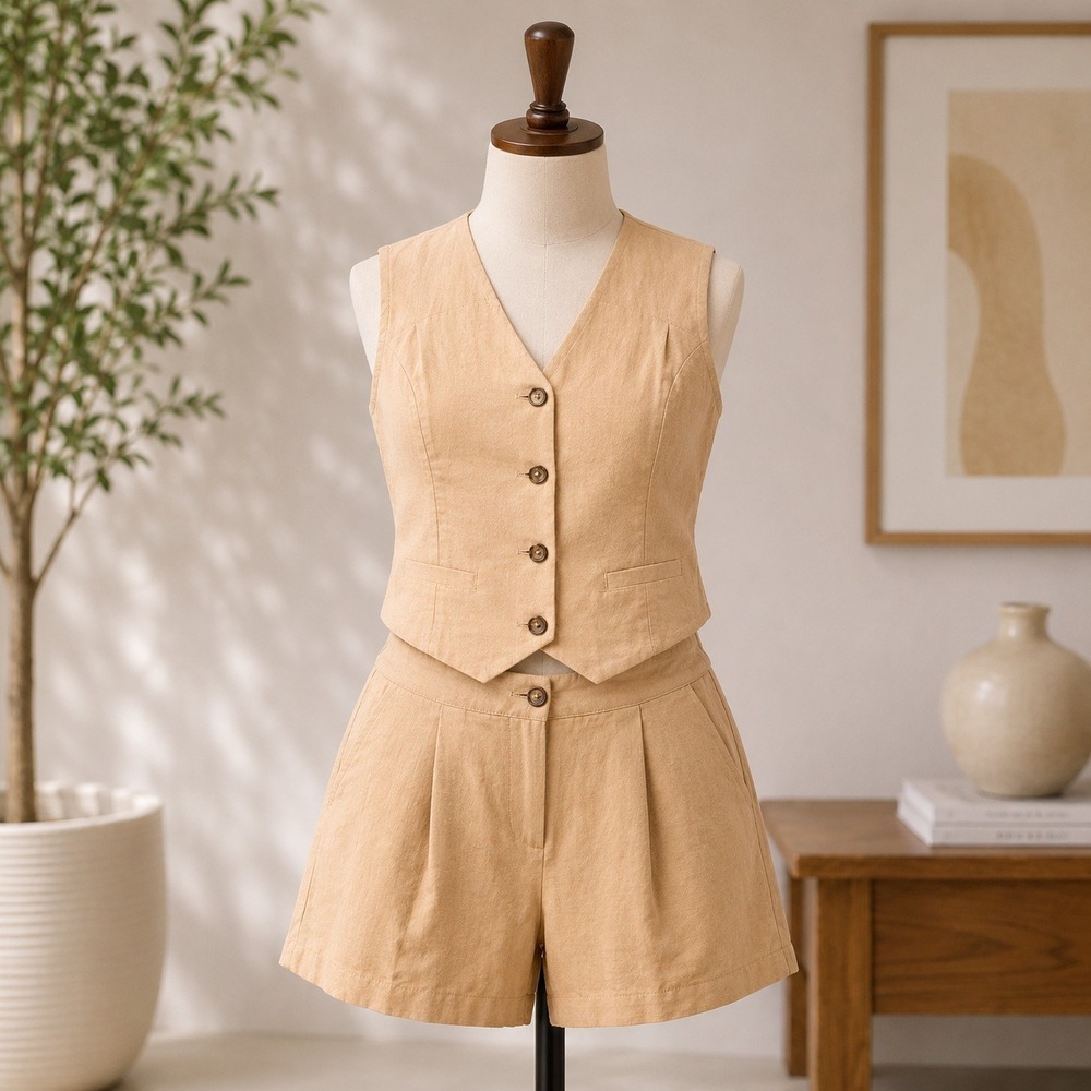 NWT Cupshe Vest and Shorts Set Womens XL Tan Linen Blend CAA14B5B001KK